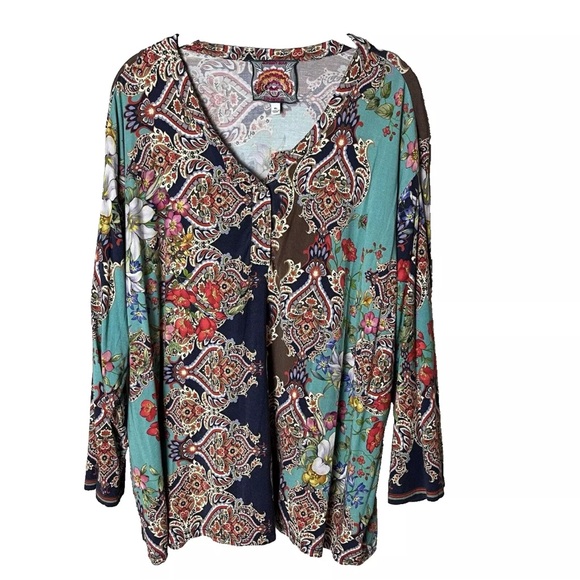 Johnny Was Tops - Johnny Was Indi Flower Print Henley Top Sz XL 3/4 Sleeves Floral Bamboo Spandex